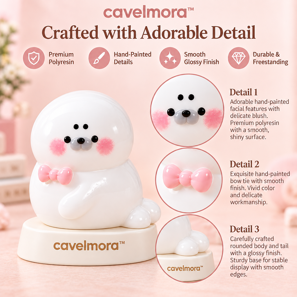 Cavelmora™White Seal With Pink Bowtie Figurine