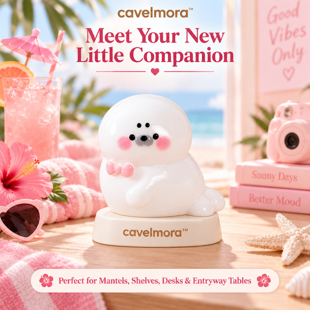 Cavelmora™White Seal With Pink Bowtie Figurine